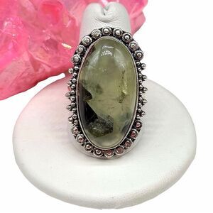 Moss Prehnite Ring Size 9.5 925 Sterling Silver Overlay Green Stone Oval